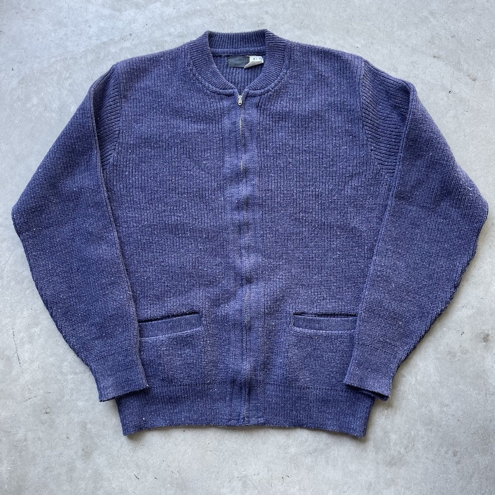 Vintage 70s Virgin Wool Zip Cardigan Sweater Blue Brookfield Unionwear Sz 44/L